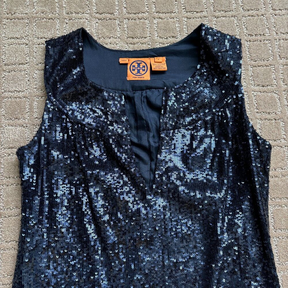 Tory Burch Sequin Cocktail Dress Womens 2 Sleeveless Metallic Navy Blue Silk NYE - Picture 6 of 11